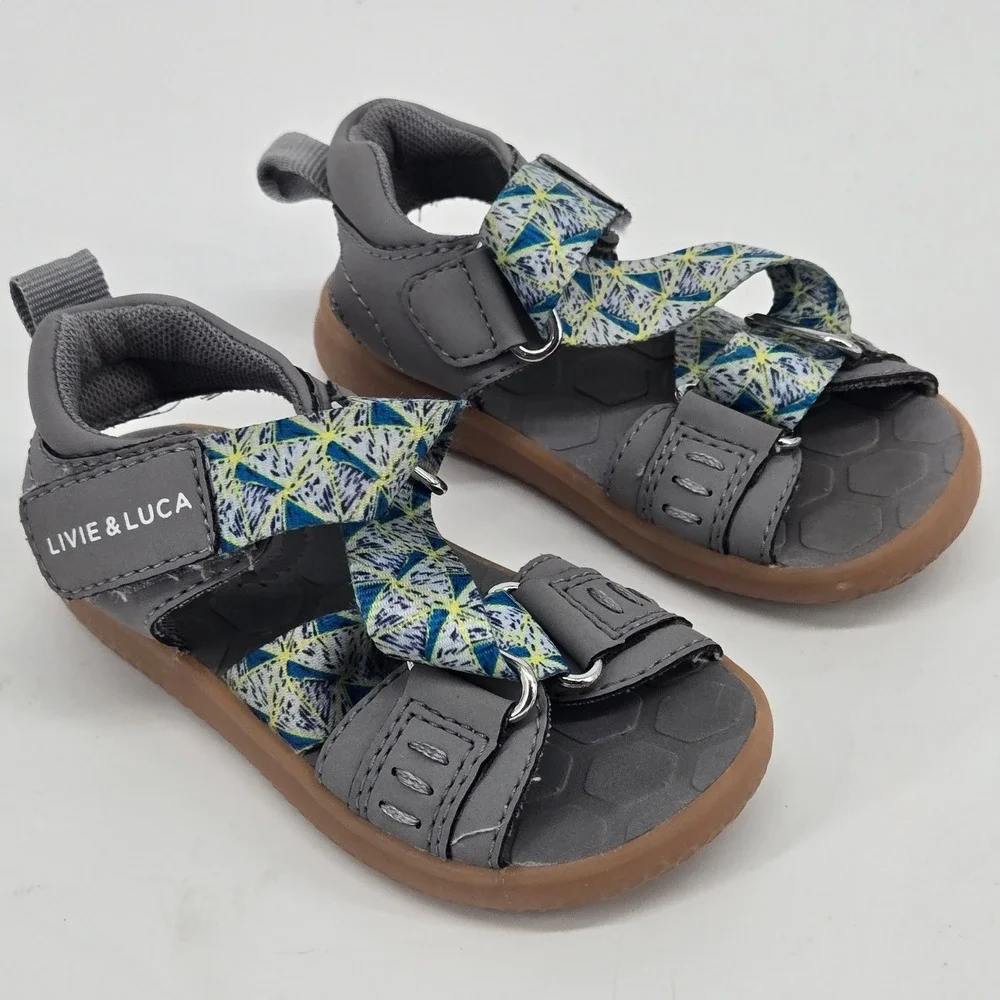 Livie And Luca Ziggy Gray Geometric Straps Toddler Sandals Comfort Size 6 EUC